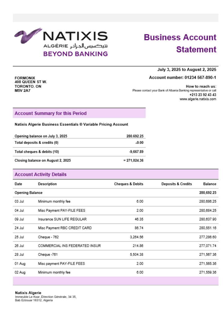 Relevé bancaire professionnel de Natixis Algérie Format Word et PDF